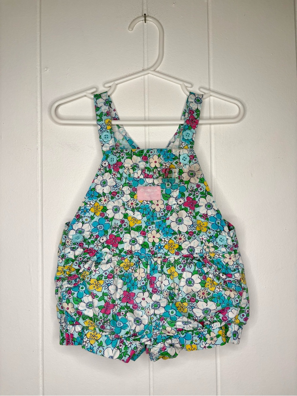 Vintage OshKosh B’Gosh Overall Shortall Floral Denim Blue Baby 12 Months Rare
